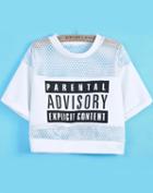 Romwe Hollow Mesh Yoke Letters Print White T-shirt