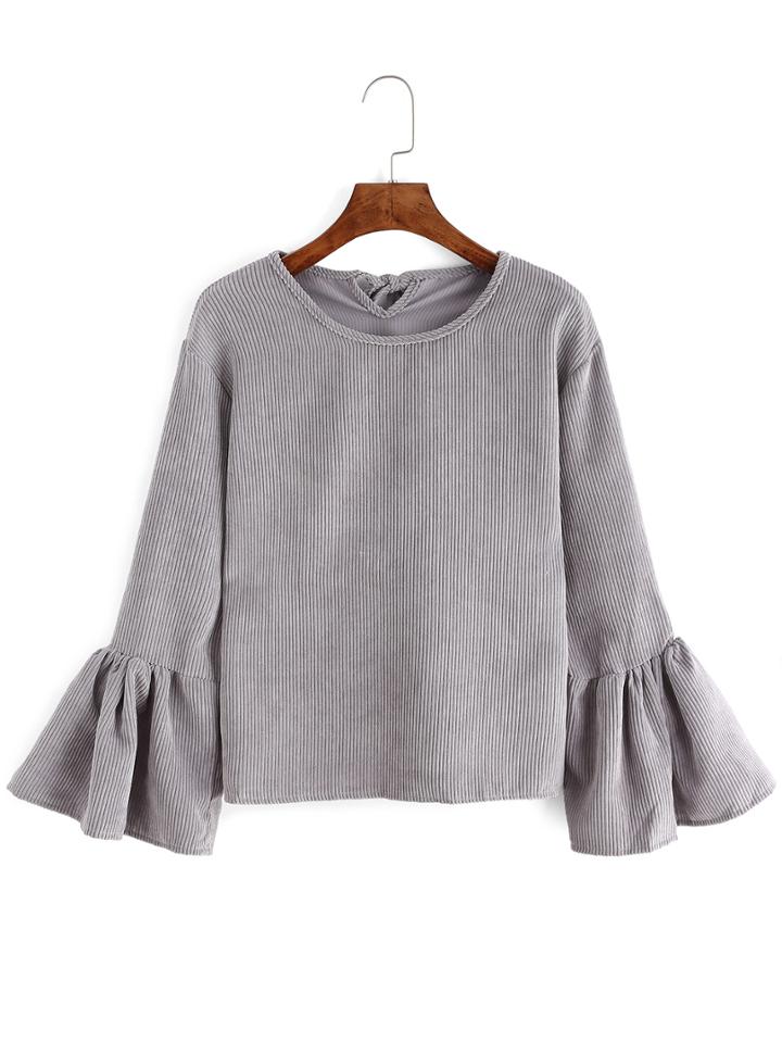 Romwe Bell Sleeve Ribbed Lace Up Corduroy Blouse