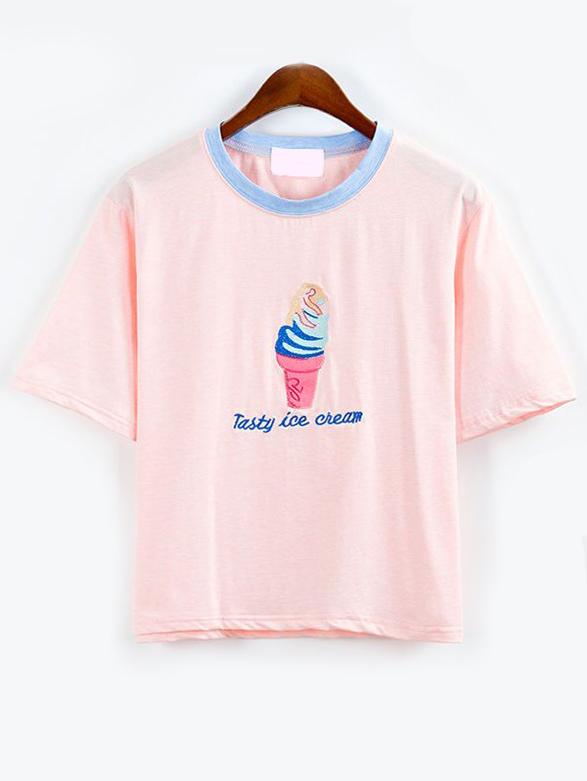 Romwe Pink Contrast Neck Ice Cream Embroidered T-shirt