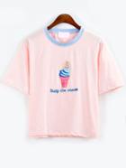 Romwe Pink Contrast Neck Ice Cream Embroidered T-shirt