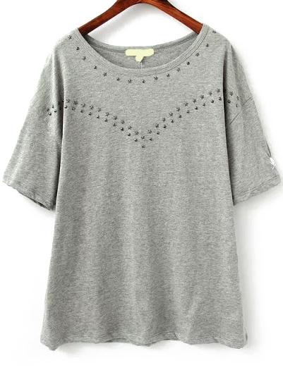 Romwe With Rivet Embroidered Grey T-shirt