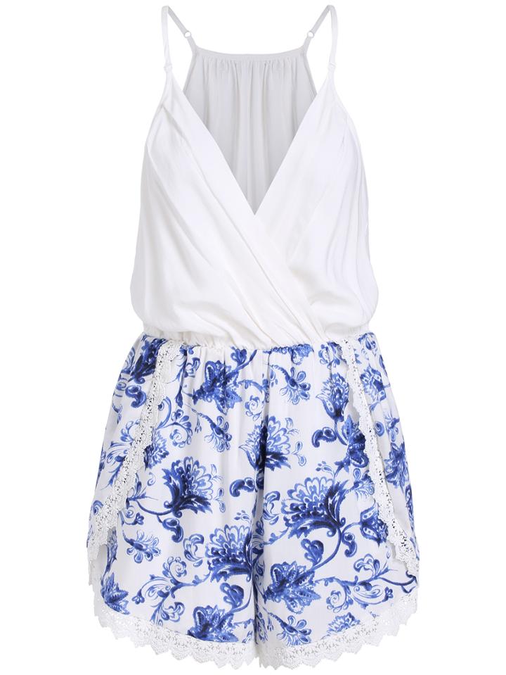 Romwe Deep V Neck Flower Print Lace Insert Romper