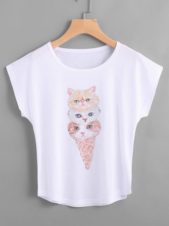 Romwe Dolman Sleeve Cat Ice Cream Print Tee