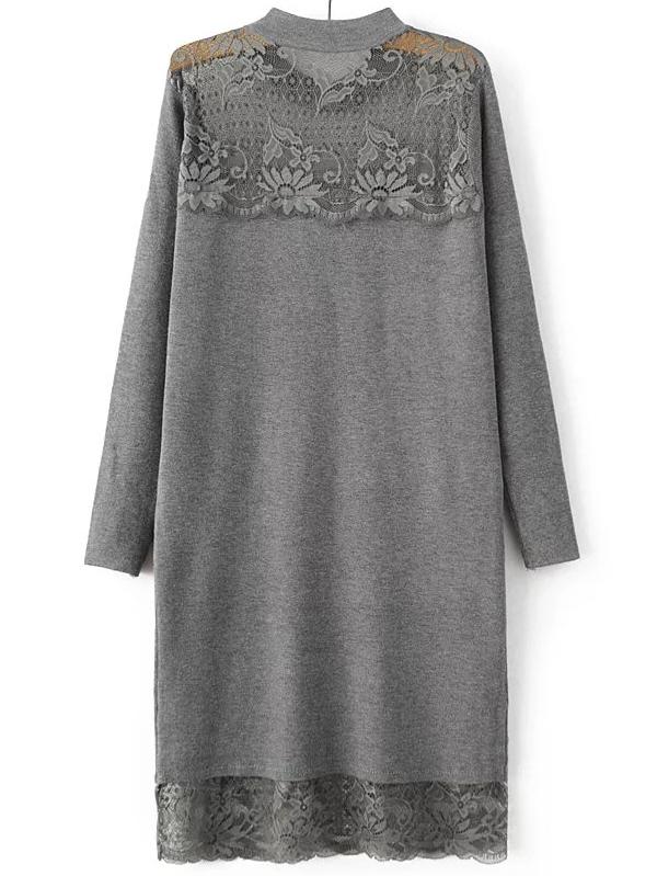 Romwe Grey Band Collar Lace Long Sweater