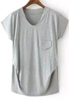 Romwe With Pocket Asymmetrical Grey T-shirt