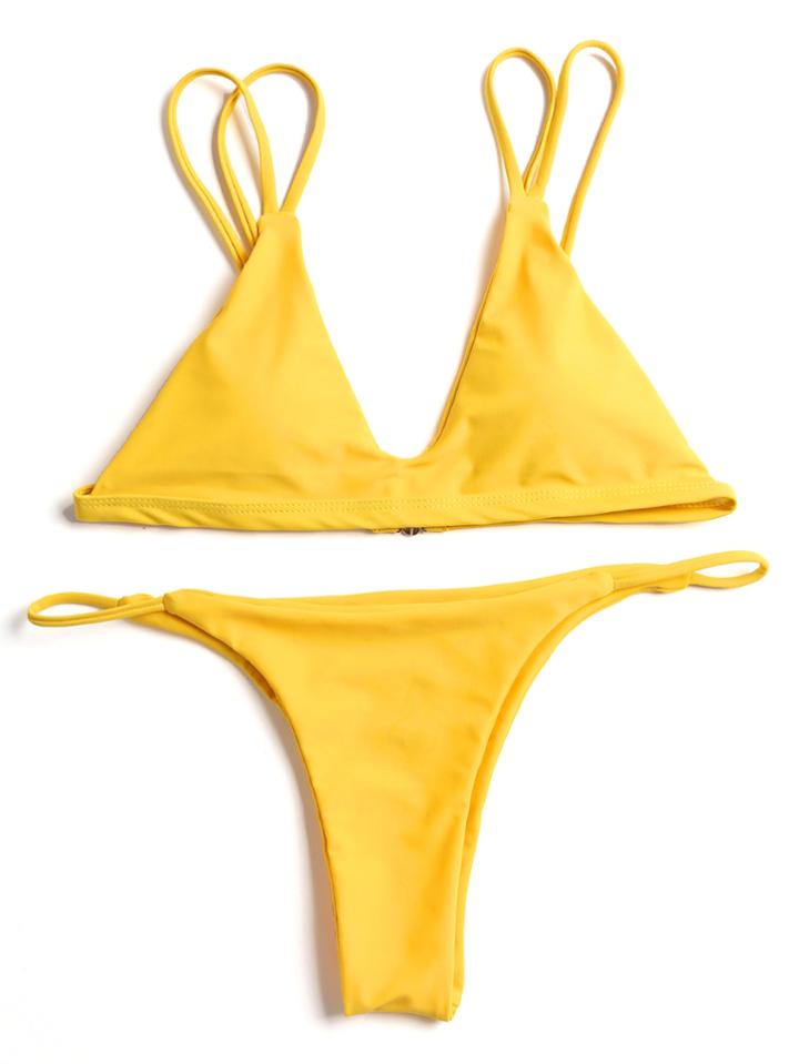 Romwe Yellow V Neck Sexy Bikini Set