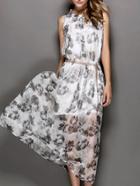 Romwe White Sleeveless Floral Print Drawstring Maxi Dress