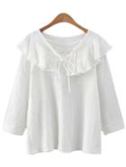 Romwe White Long Sleeve Ruffle Bow Tie Neck Blouse