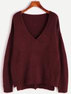 Romwe Burgundy Drop Shoulder Slit High Low Sweater