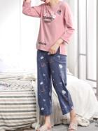 Romwe Drop Shoulder Cartoon Patch Tee & Pants Pj Set