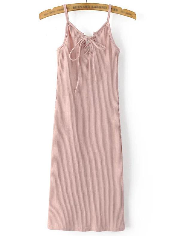 Romwe Pink Spaghetti Strap Lace Up Dress