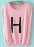 Romwe Round Neck H Print Pink Sweater