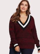 Romwe Striped V Neck And Cuff Flecked Jumper