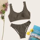Romwe Scallop Trim Ribbed Scoop Neck Bikini Set