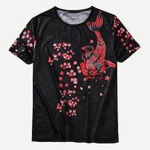 Romwe Guys Fish & Floral Print Jacquard Tee