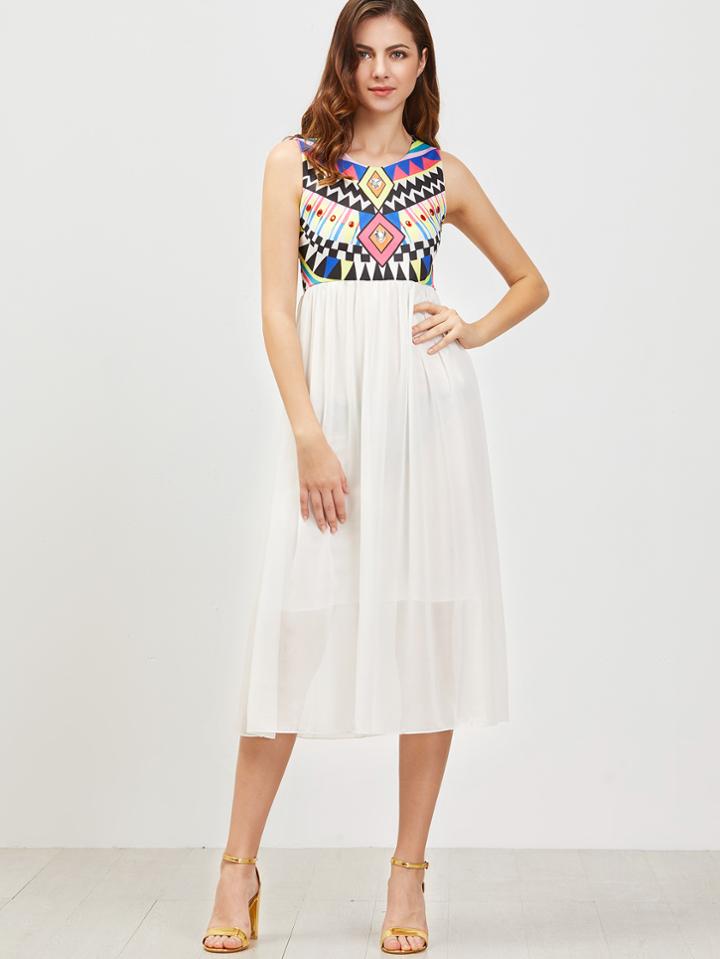 Romwe White Geometric Print Sleeveless Dress