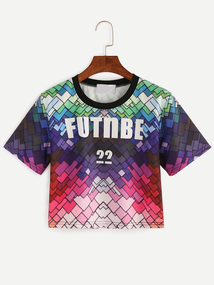 Romwe Multicolor Geometric Print Crop T-shirt