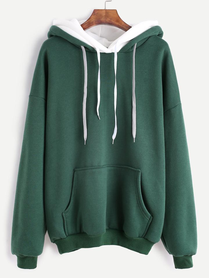 Romwe Green Drop Shoulder Pocket Double Drawstring Hooded Sweatshirt