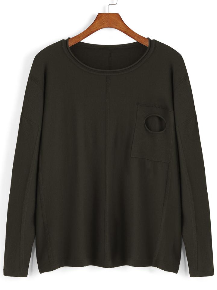 Romwe Ripped Pocket Army Green Sweater