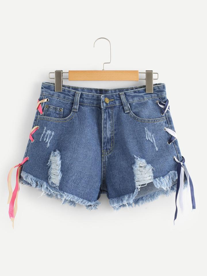 Romwe Criss Cross Side Ripped Denim Shorts