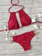 Romwe Red Metal Chain Detail Halter Bikini Set