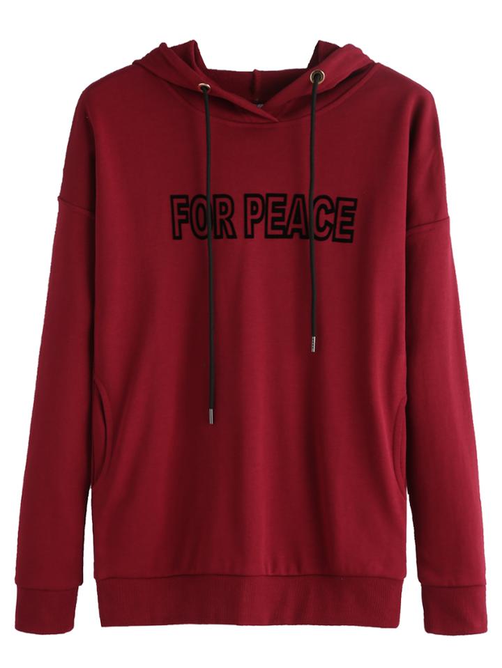 Romwe Burgundy Letter Print Drop Shoulder Drawstring Hooded Sweatshirt
