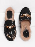 Romwe Faux Pearl Detail Flat Mules With Faux Fur