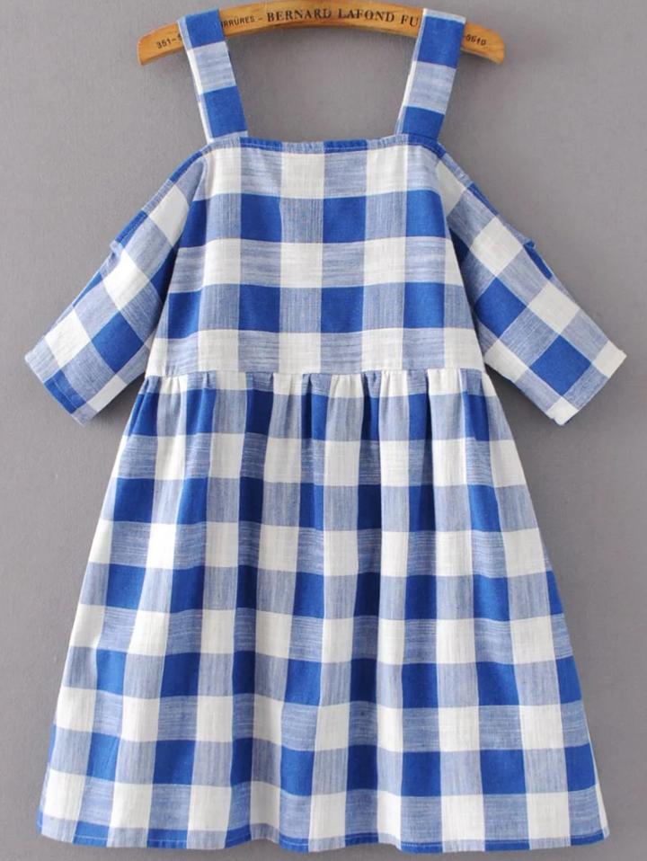 Romwe Cold Shoulder Sleeve Gingham Cute Dress