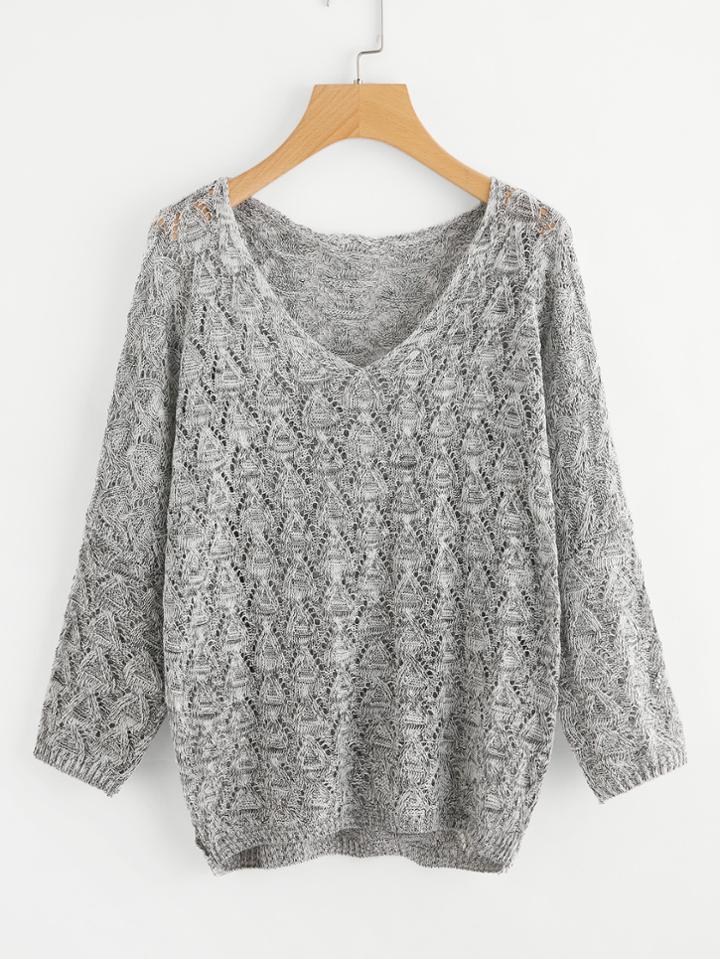 Romwe V Neckline Open Knit Sweater