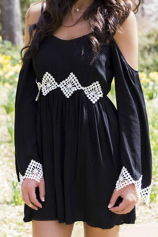 Romwe Open Shoulder Crochet Detail Hollow Dress