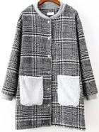 Romwe Houndstooth Contrast Pockets Long Grey Coat