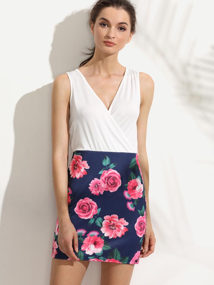 Romwe White V Neck Floral Print Lace Up Bodycon  Dress