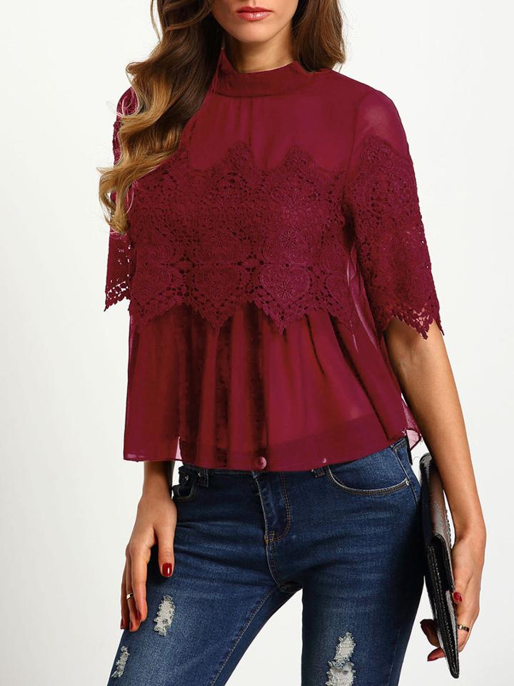 Romwe Burgundy Keyhole Back Crochet Overlay Chiffon Blouse