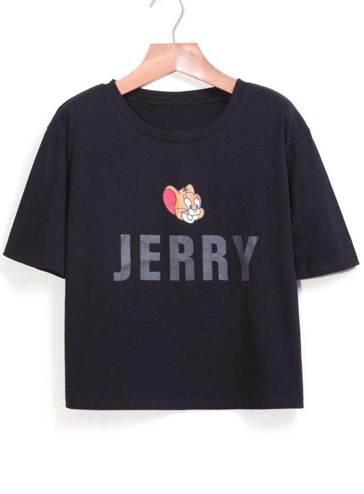 Romwe Cartoon Letters Print Black T-shirt