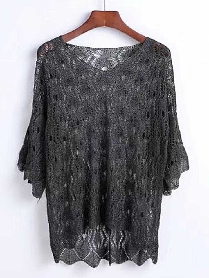 Romwe Hollow Out Wave Hem High Low Knitwear