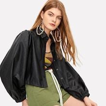 Romwe Bishop Sleeve Buttoned Pu Leather Jacket