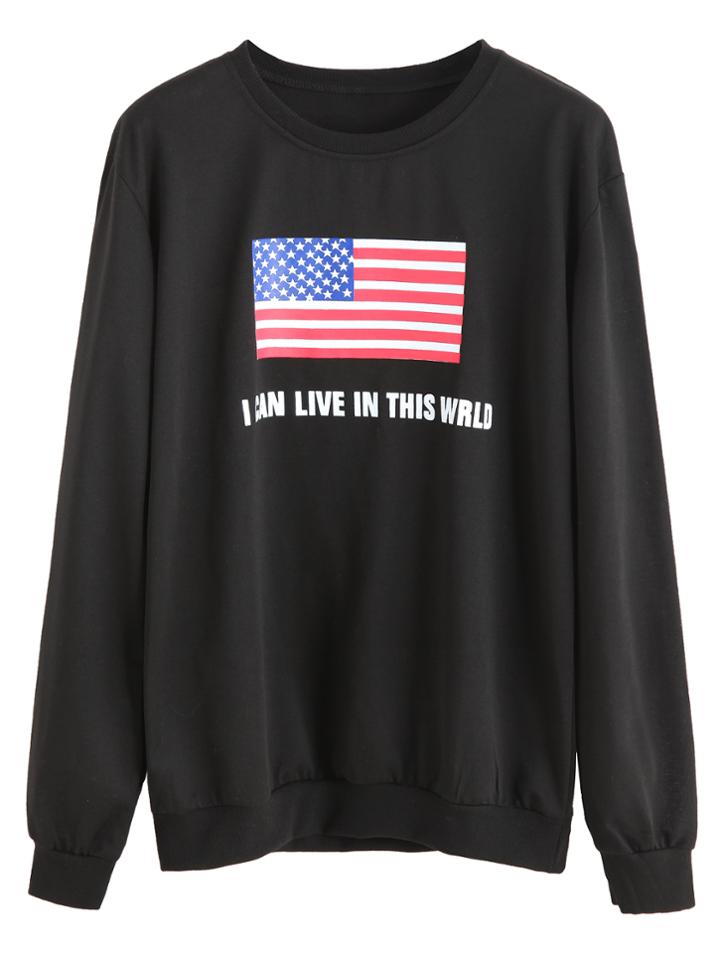 Romwe Black American Flag Print Sweatshirt