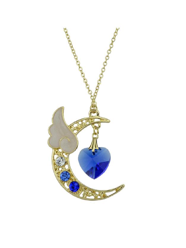 Romwe Blue Long Chain Moon Heart Wings Rhinestone Pendants Necklace