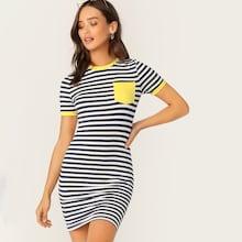 Romwe Pocket Patched Striped Ringer Tee Dress
