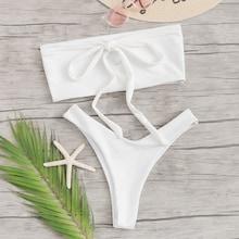 Romwe Tie Front Bandeau With High Cut Bikini