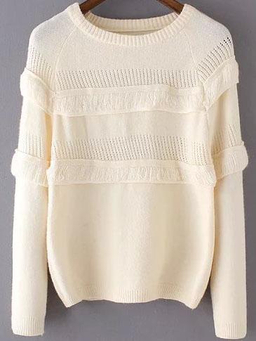 Romwe Round Neck Ruffle White Sweater