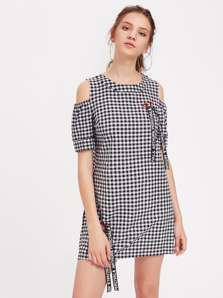 Romwe Open Shoulder Ring Strap Detail Check Dress