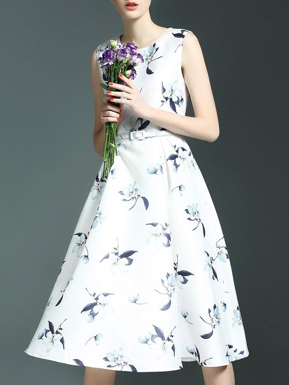 Romwe White Crew Neck Belted Print Dress