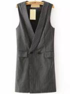 Romwe Lapel With Pockets Vertical Striped Grey Vest