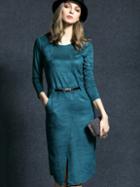 Romwe Dark Green Round Neck Length Sleeve Drawstring Pockets Dress