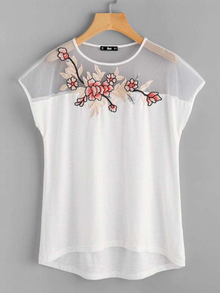 Romwe Flower Patch Mesh Yoke Dip Hem Tee