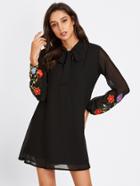 Romwe Bow Tie Neck Flower Embroidered Dress
