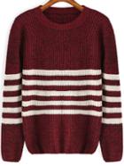 Romwe Round Neck Striped Knit Red Sweater