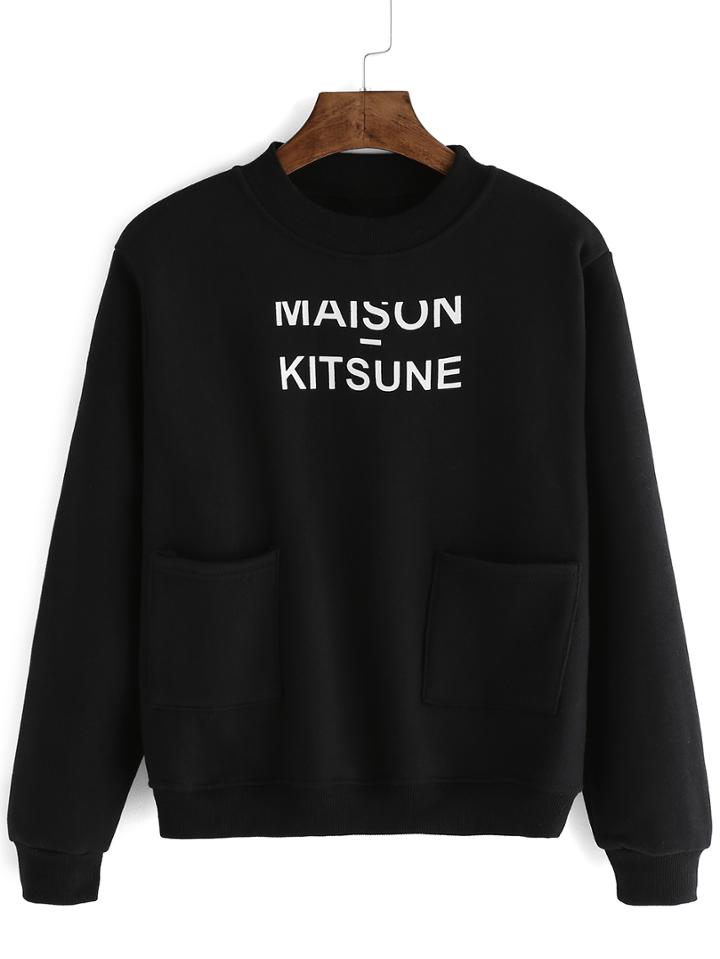 Romwe Crew Neck Letter Print Black Sweatshirt With Pockets