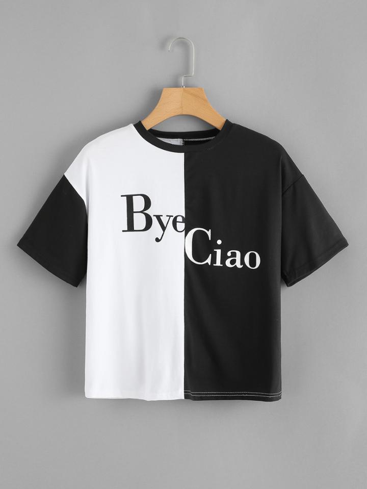 Romwe Two Tone Letter Print Top